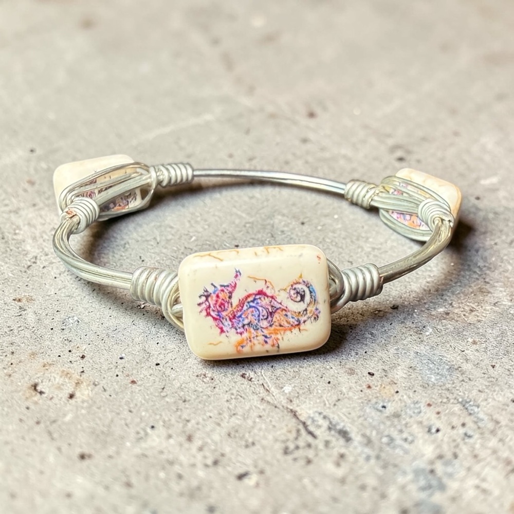 Silver Wire Wrapped Paisley Howlite Style Stone Bangle Bracelet Boho Stackable